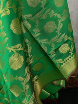 Green Soft Silk Floral dupatta in soft silk (non-pure) with floral jaal with muted gold zari — Kaash Collection