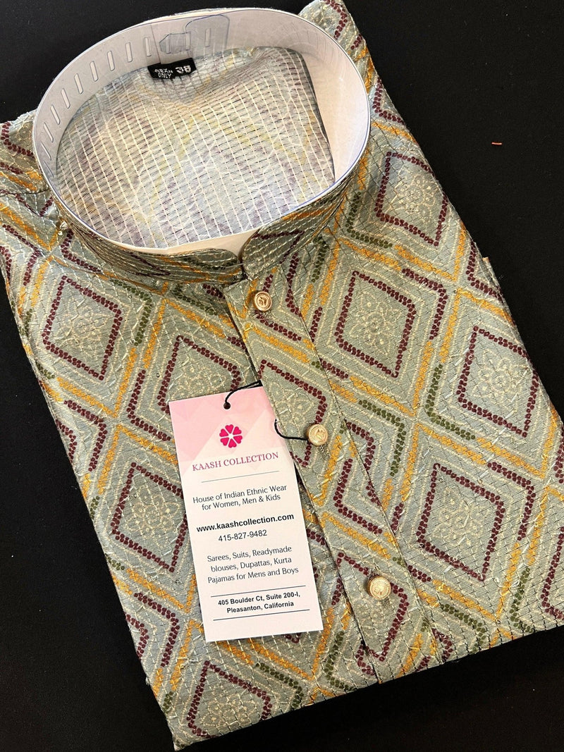 Greenish Grey Multi-Color men's kurta pajama in soft butter silk with floral digital prints with thread & sequin — Kaash Collection
