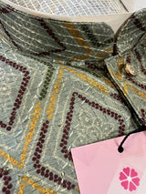Greenish Grey Multi-Color men's kurta pajama in soft butter silk with floral digital prints with thread & sequin — Kaash Collection