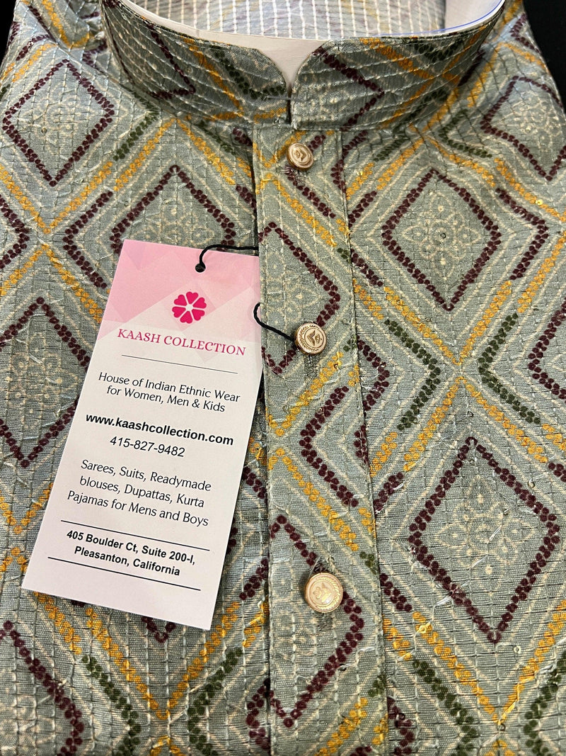 Greenish Grey Designer Kurta with Floral Digital Print in Soft Butter Silk with Thread and Sequence Work | Mens Ethnic Wear | Kurta Store - Kaash
