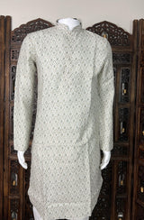 Greenish Grey Ikkat men's kurta pajama in linen silk with ikkat digital print on linen silk — Kaash Collection