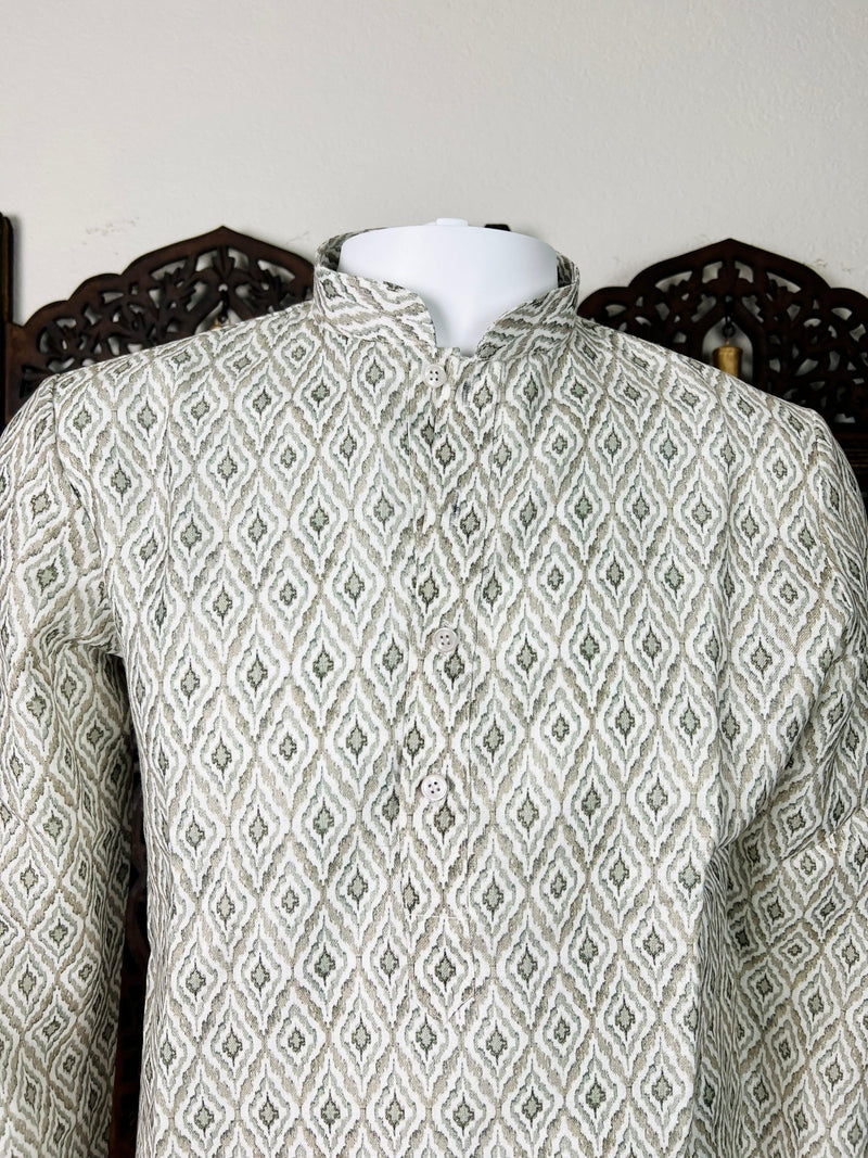 Greenish Grey Ikkat men's kurta pajama in linen silk with ikkat digital print on linen silk — Kaash Collection