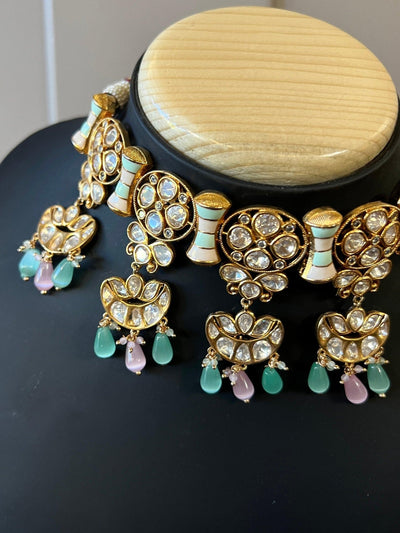 Handcrafted Choker Set with Cloisonne Enamel and sliver folied Polki and Kundan with Monalisa Beads - Kaash
