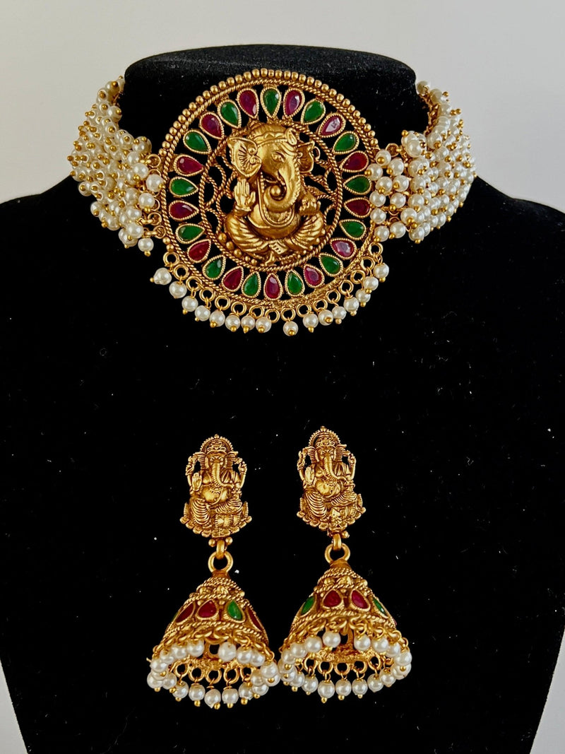 Handmade Antique Gold Finish Choker and Earrings Set with Lord Ganesha Carving - Kaash