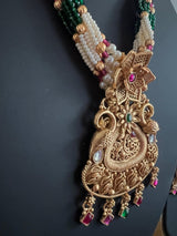 Handmade Antique Gold Finish Long Necklace and Earrings Set with Pearls, Onyx Beads and Kamp Stones - Kaash