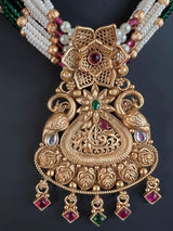 Handmade Antique Gold Finish Long Necklace and Earrings Set with Pearls, Onyx Beads and Kamp Stones - Kaash