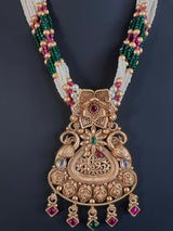 Handmade Antique Gold Finish Long Necklace and Earrings Set with Pearls, Onyx Beads and Kamp Stones - Kaash