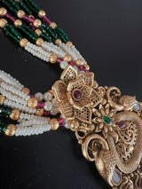 Handmade Antique Gold Finish Long Necklace and Earrings Set with Pearls, Onyx Beads and Kamp Stones - Kaash