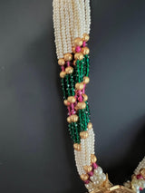 Handmade Antique Gold Finish Long Necklace and Earrings Set with Pearls, Onyx Beads and Kamp Stones - Kaash