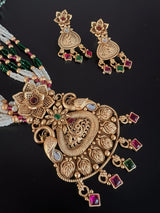 Handmade Antique Gold Finish Long Necklace and Earrings Set with Pearls, Onyx Beads and Kamp Stones - Kaash