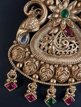 Handmade Antique Gold Finish Long Necklace and Earrings Set with Pearls, Onyx Beads and Kamp Stones - Kaash