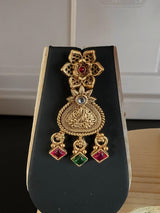 Handmade Antique Gold Finish Long Necklace and Earrings Set with Pearls, Onyx Beads and Kamp Stones - Kaash