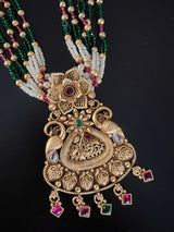 Handmade Antique Gold Finish Long Necklace and Earrings Set with Pearls, Onyx Beads and Kamp Stones - Kaash