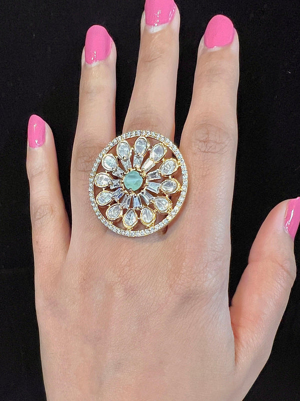 Handmade Gold Color Adjustable Ring with Kundan, Zircon and Mint Monalisa Stone | Adjustable Rings for Women | Gift for Her | Indian Jewelry - Kaash