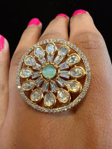 Handmade Gold Color Adjustable Ring with Kundan, Zircon and Mint Monalisa Stone | Adjustable Rings for Women | Gift for Her | Indian Jewelry - Kaash