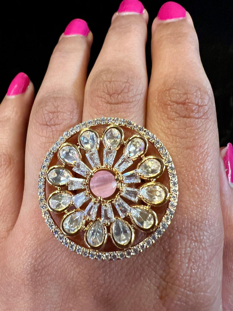 Handmade Gold Color Adjustable Ring with Kundan, Zircon and Pink Monalisa Stone | Adjustable Rings for Women | Gift for Her | Indian Jewelry - Kaash