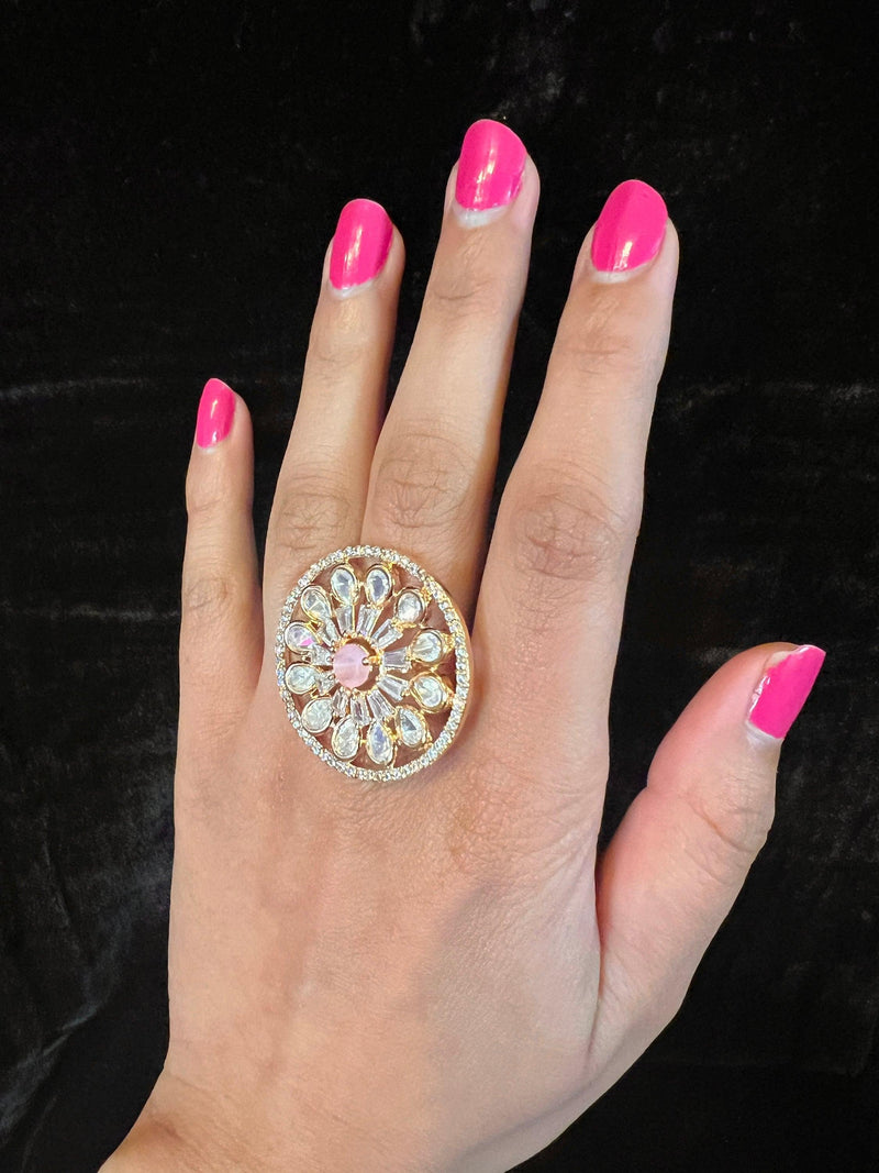Handmade Gold Color Adjustable Ring with Kundan, Zircon and Pink Monalisa Stone | Adjustable Rings for Women | Gift for Her | Indian Jewelry - Kaash