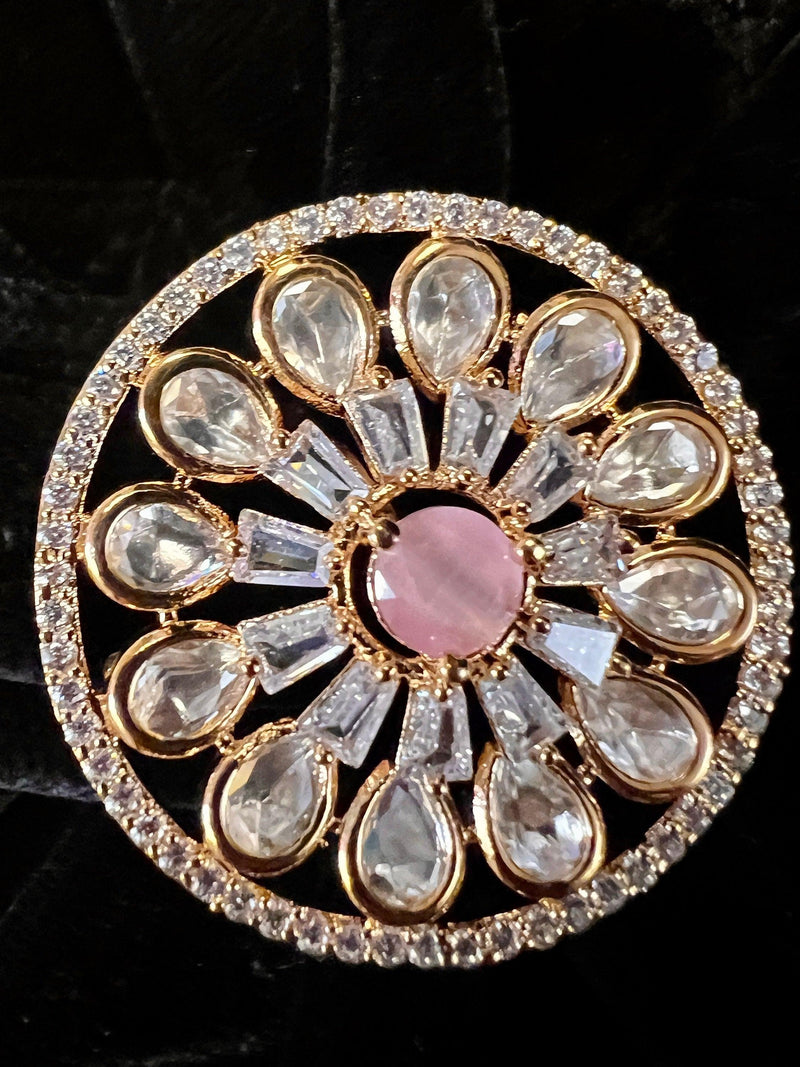 Handmade Gold Color Adjustable Ring with Kundan, Zircon and Pink Monalisa Stone | Adjustable Rings for Women | Gift for Her | Indian Jewelry - Kaash