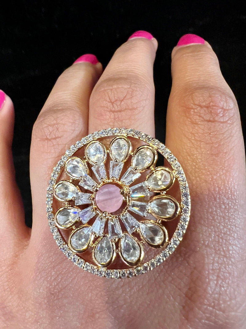 Handmade Gold Color Adjustable Ring with Kundan, Zircon and Pink Monalisa Stone | Adjustable Rings for Women | Gift for Her | Indian Jewelry - Kaash
