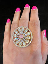 Handmade Gold Color Adjustable Ring with Kundan, Zircon and Pink Monalisa Stone | Adjustable Rings for Women | Gift for Her | Indian Jewelry - Kaash