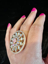 Handmade Gold Color Adjustable Ring with Kundan, Zircon and Pink Monalisa Stone | Adjustable Rings for Women | Gift for Her | Indian Jewelry - Kaash