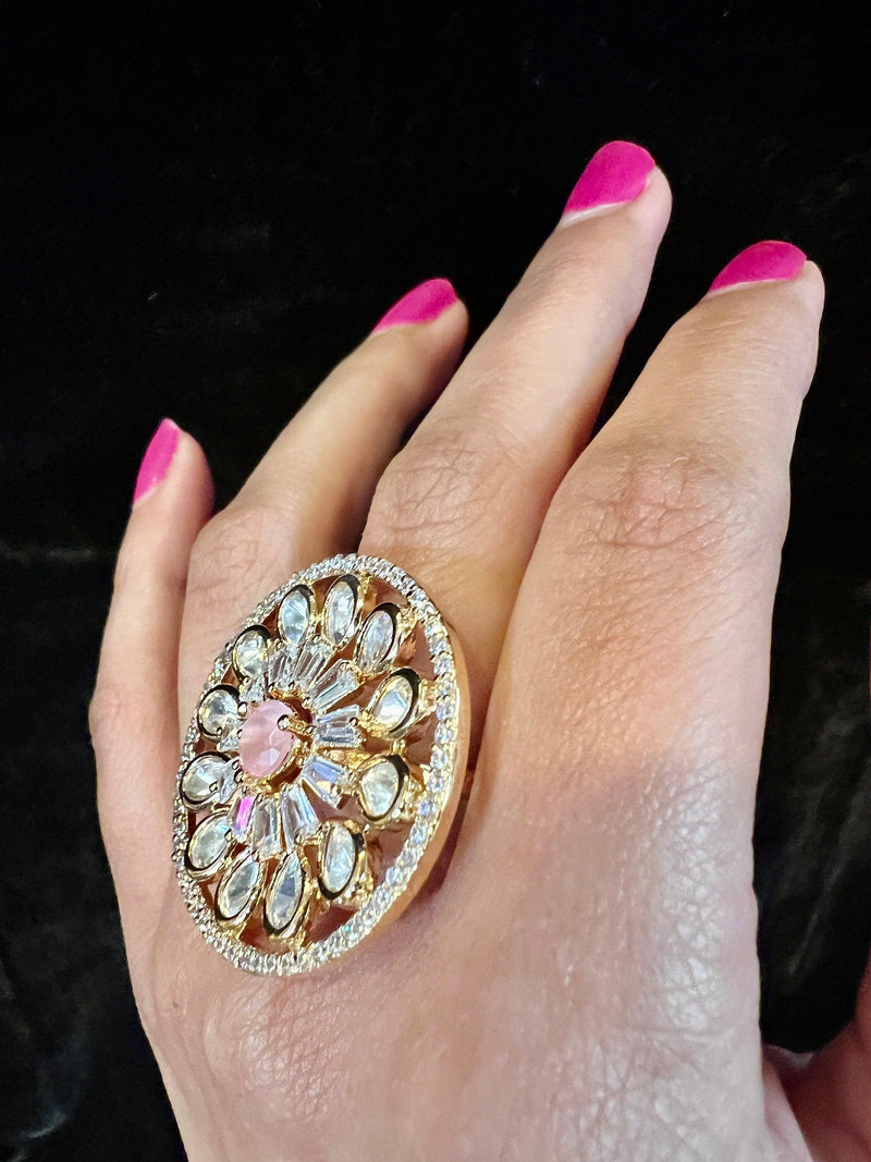 Handmade Gold Color Adjustable Ring with Kundan, Zircon and Pink Monalisa Stone | Adjustable Rings for Women | Gift for Her | Indian Jewelry - Kaash