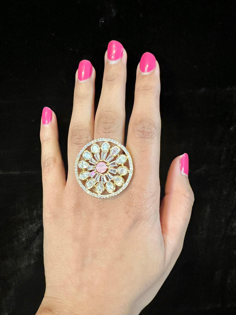 Handmade Gold Color Adjustable Ring with Kundan, Zircon and Pink Monalisa Stone | Adjustable Rings for Women | Gift for Her | Indian Jewelry - Kaash