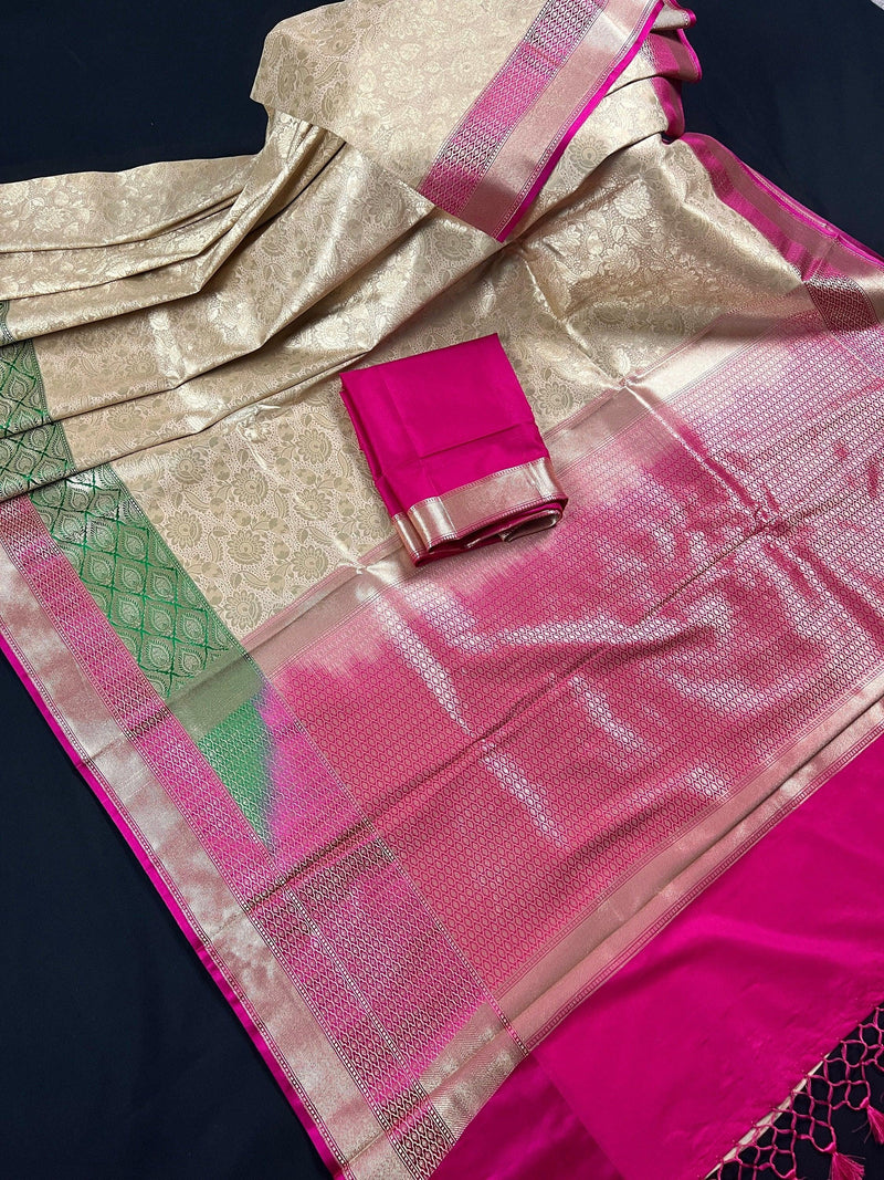 Handmade Muted Gold Banarasi Tissue Silk Saree with Beige Base | Pink and Green Satin Borders | Banarasi Silk blend Tissue Saree - Kaash