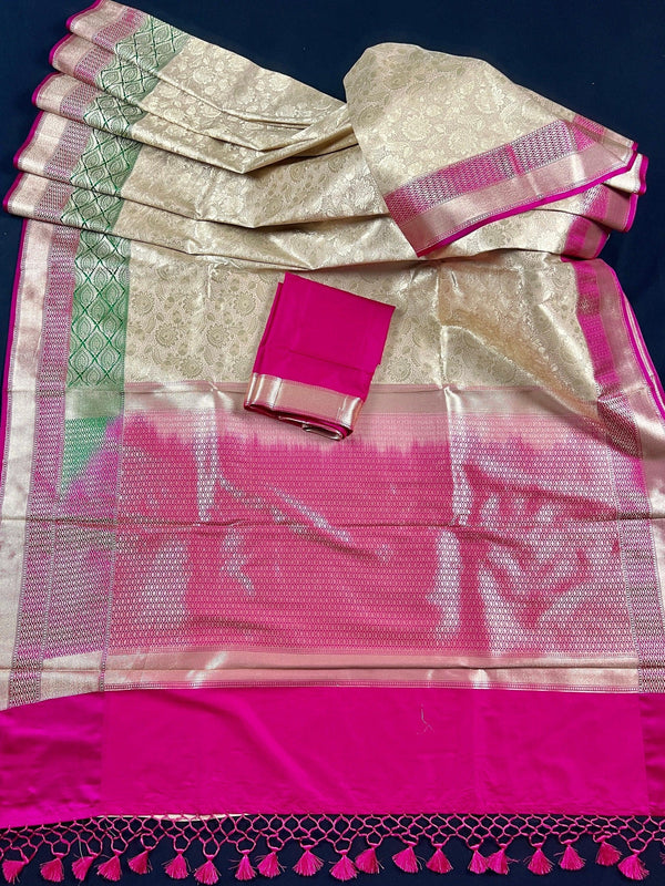 Handmade Muted Gold Banarasi Tissue Silk Saree with Beige Base | Pink and Green Satin Borders | Banarasi Silk blend Tissue Saree - Kaash