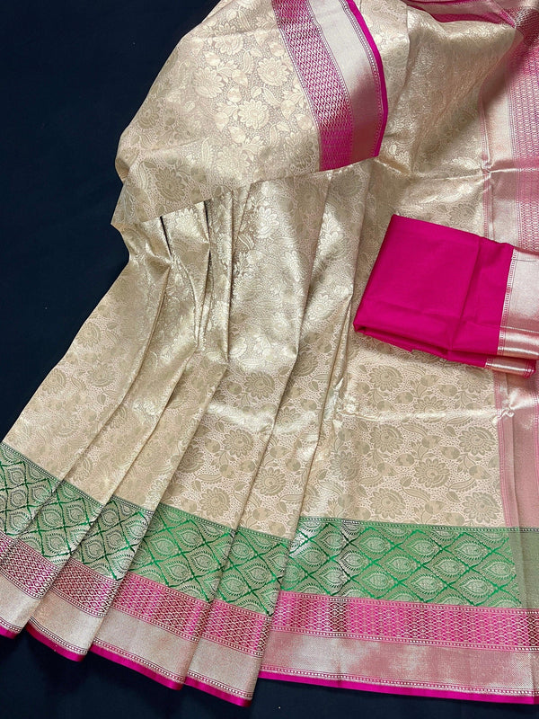 Handmade Muted Gold Banarasi Tissue Silk Saree with Beige Base | Pink and Green Satin Borders | Banarasi Silk blend Tissue Saree - Kaash