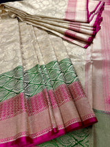 Handmade Muted Gold Banarasi Tissue Silk Saree with Beige Base | Pink and Green Satin Borders | Banarasi Silk blend Tissue Saree - Kaash