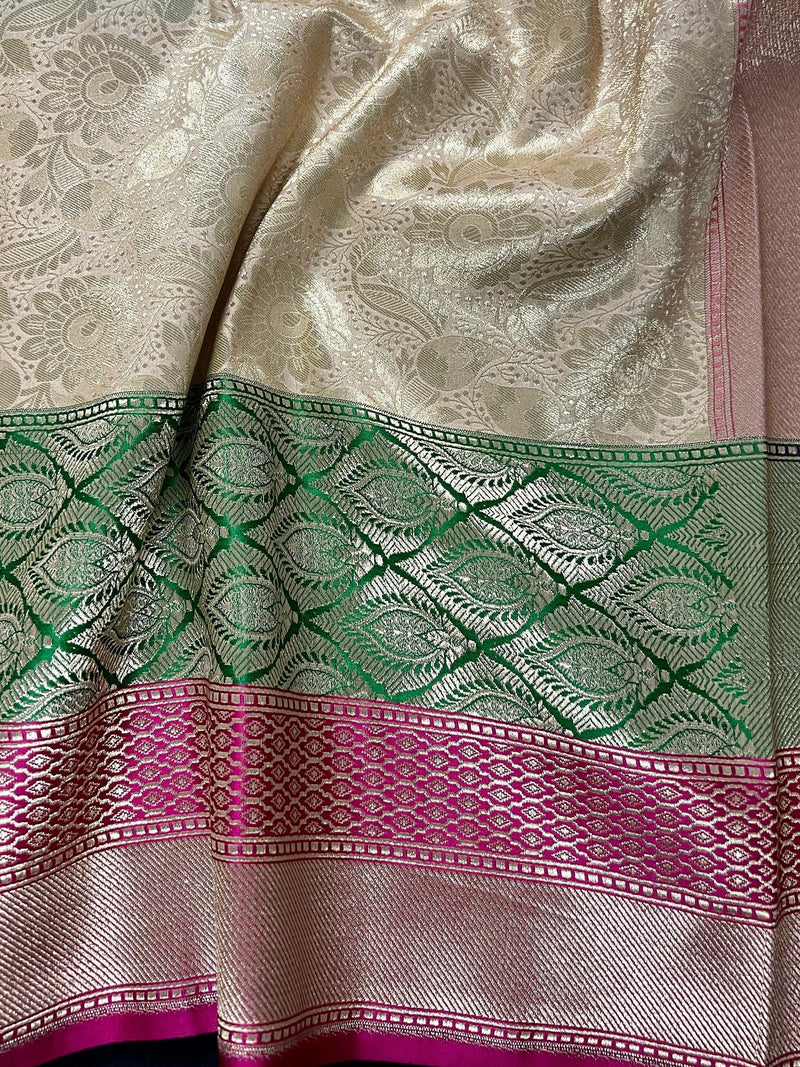 Handmade Muted Gold Banarasi Tissue Silk Saree with Beige Base | Pink and Green Satin Borders | Banarasi Silk blend Tissue Saree - Kaash