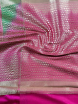 Handmade Muted Gold Banarasi Tissue Silk Saree with Beige Base | Pink and Green Satin Borders | Banarasi Silk blend Tissue Saree - Kaash