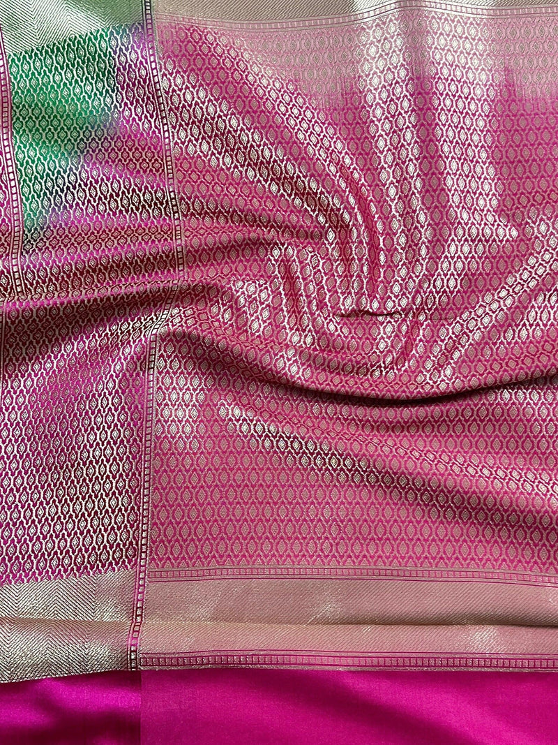 Handmade Muted Gold Banarasi Tissue Silk Saree with Beige Base | Pink and Green Satin Borders | Banarasi Silk blend Tissue Saree - Kaash