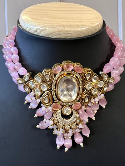 Handmade Statement Bollywood Chokar Style Necklace in Polki with CZ with Monalisa Beads in Baby Pink - Kaash
