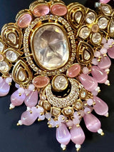 Handmade Statement Bollywood Chokar Style Necklace in Polki with CZ with Monalisa Beads in Baby Pink - Kaash