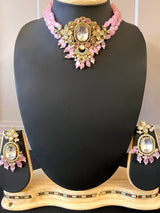 Handmade Statement Bollywood Chokar Style Necklace in Polki with CZ with Monalisa Beads in Baby Pink - Kaash