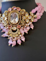 Handmade Statement Bollywood Chokar Style Necklace in Polki with CZ with Monalisa Beads in Baby Pink - Kaash