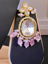 Handmade Statement Bollywood Chokar Style Necklace in Polki with CZ with Monalisa Beads in Baby Pink - Kaash