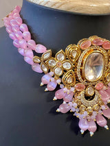 Handmade Statement Bollywood Chokar Style Necklace in Polki with CZ with Monalisa Beads in Baby Pink - Kaash
