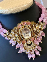 Handmade Statement Bollywood Chokar Style Necklace in Polki with CZ with Monalisa Beads in Baby Pink - Kaash
