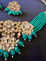 Handmade Statement Bollywood Chokar Style Necklace in Polki with CZ with Monalisa Beads in Bottle Green - Kaash