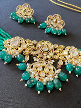 Handmade Statement Bollywood Chokar Style Necklace in Polki with CZ with Monalisa Beads in Bottle Green - Kaash