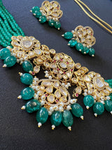 Handmade Statement Bollywood Chokar Style Necklace in Polki with CZ with Monalisa Beads in Bottle Green - Kaash