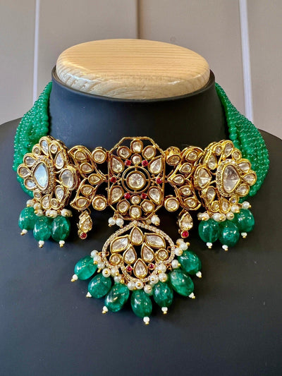 Handmade Statement Bollywood Chokar Style Necklace in Polki with CZ with Monalisa Beads in Bottle Green - Kaash