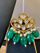 Handmade Statement Bollywood Chokar Style Necklace in Polki with CZ with Monalisa Beads in Bottle Green - Kaash