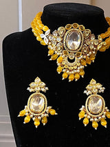 Handmade Statement Bollywood Choker Style Necklace in Polki with CZ with Monalisa Beads in Mustard Yellow - Kaash
