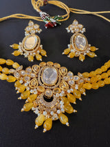 Handmade Statement Bollywood Choker Style Necklace in Polki with CZ with Monalisa Beads in Mustard Yellow - Kaash
