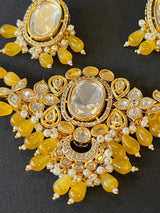Handmade Statement Bollywood Choker Style Necklace in Polki with CZ with Monalisa Beads in Mustard Yellow - Kaash