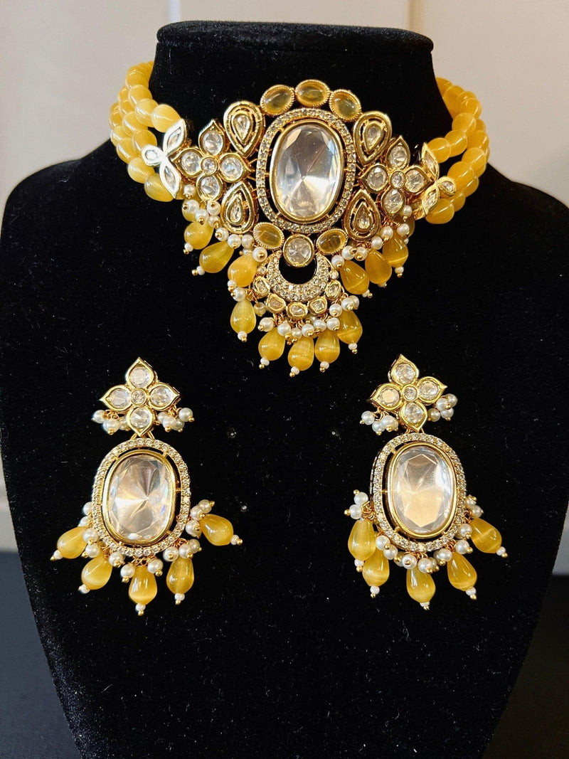 Handmade Statement Bollywood Choker Style Necklace in Polki with CZ with Monalisa Beads in Mustard Yellow - Kaash